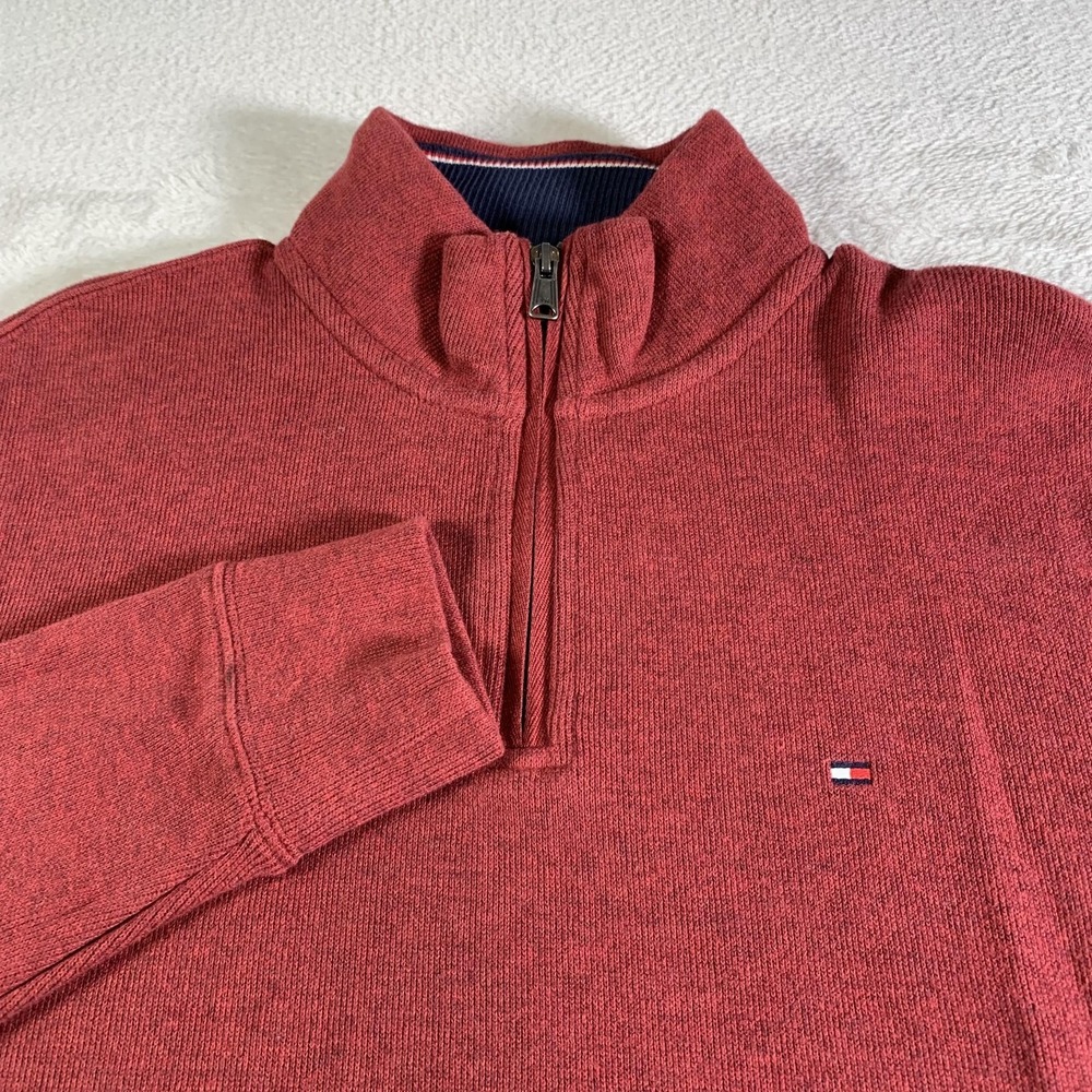 Tommy Hilfiger Sweater‎ Mens Medium Red Quarter Zip Mock Neck Cotton Pullover